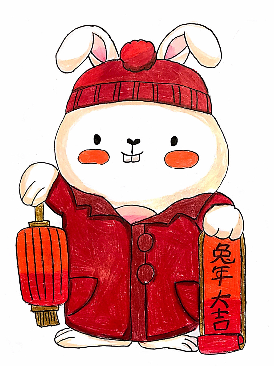 小学二年级|兔年春节画96简单,醒目,有 小可的假期作业之一:兔年的