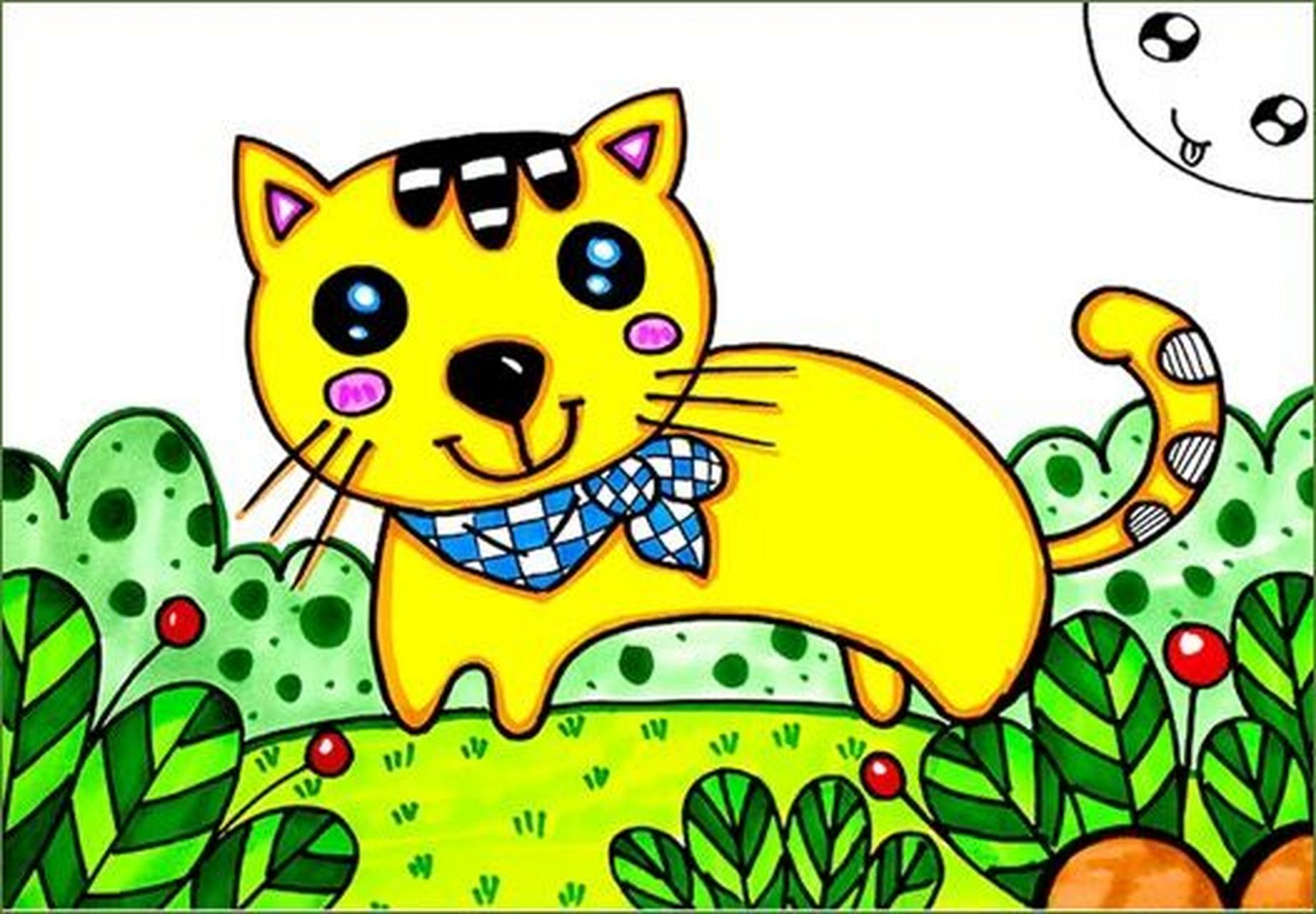 儿童水彩画/草地上的小猫咪/少儿创意美术 画种:儿