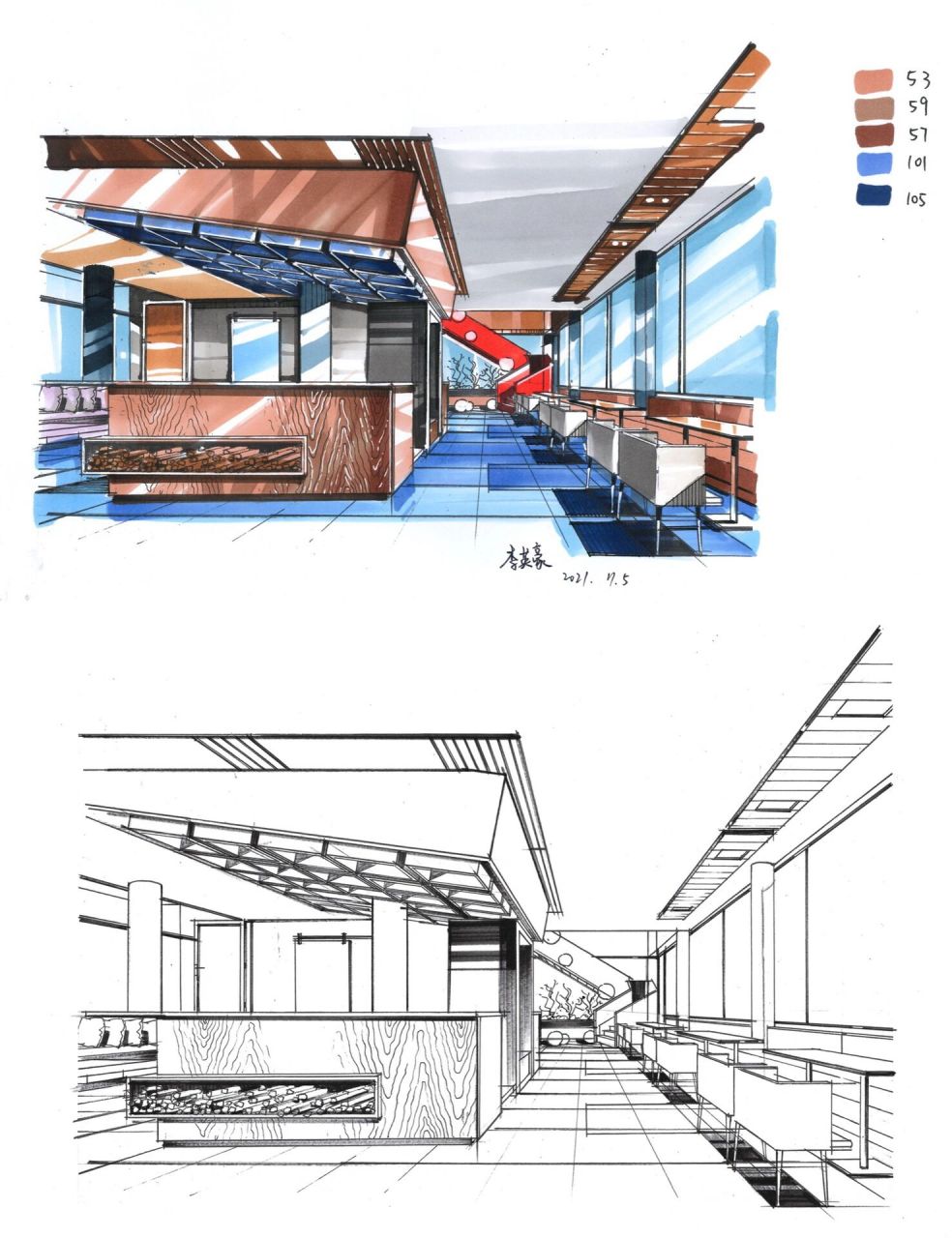 餐饮空间线稿图片