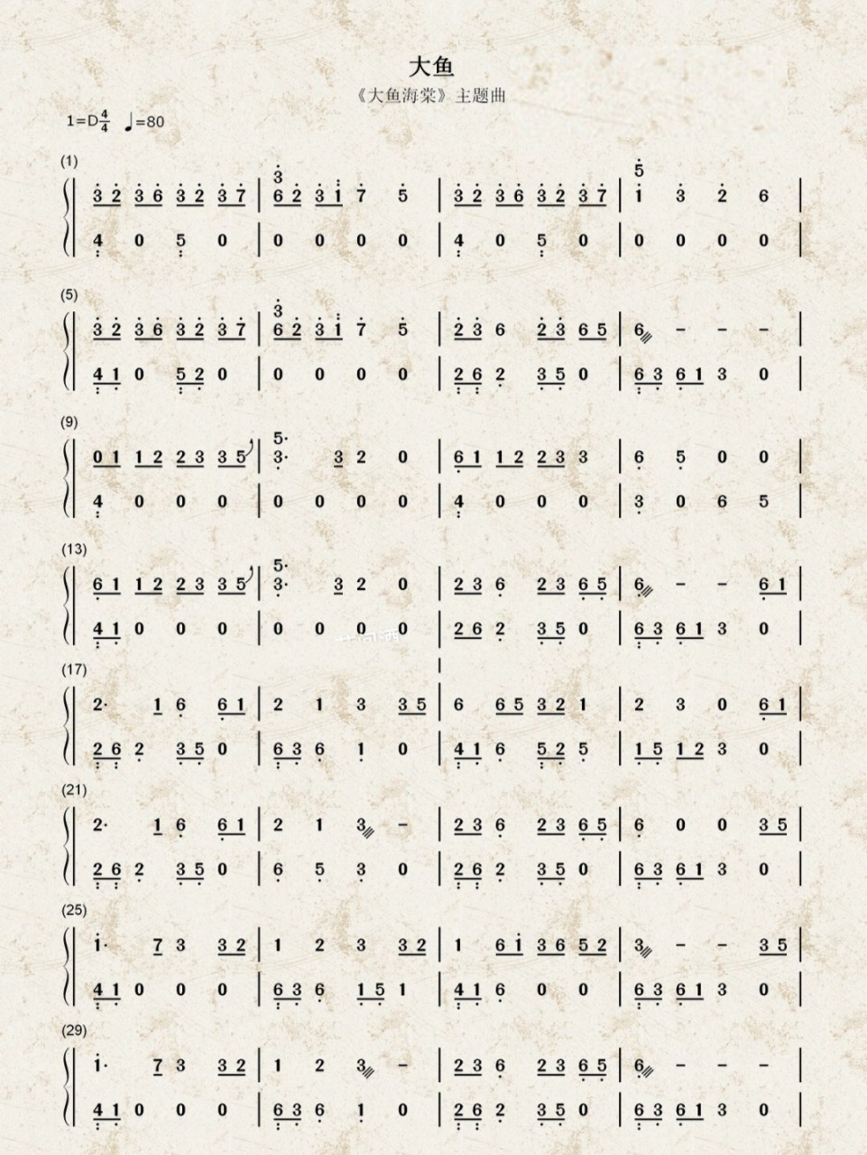 《大鱼》古筝谱d调