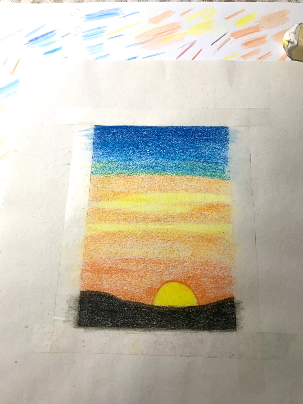 彩铅画《麦穗与日落西山红霞飞》9290