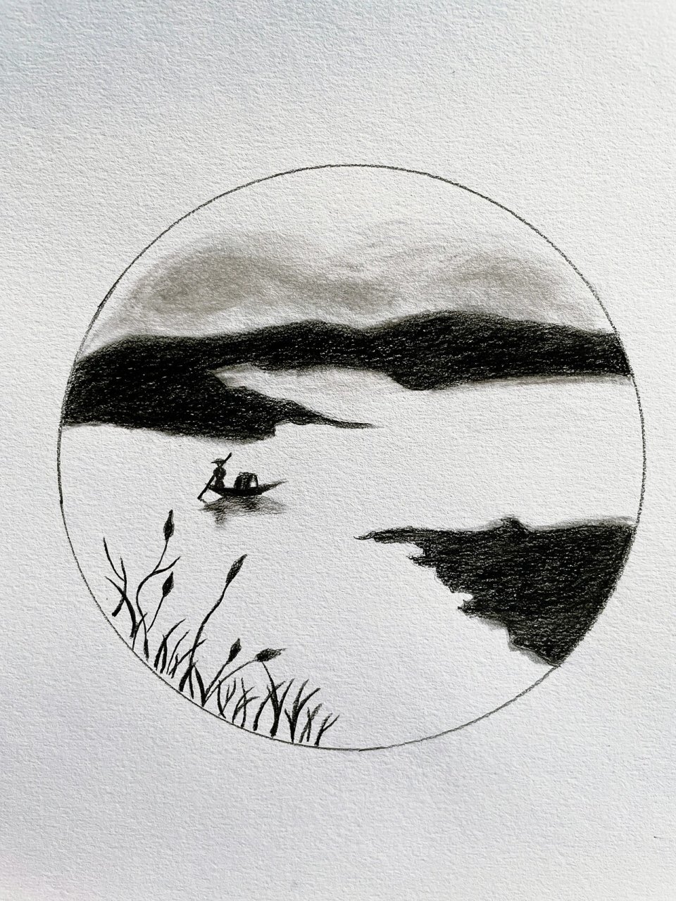 素描临摹24/100 附步骤 简单的山水画,新手友好 工具:炭笔,棉球 山