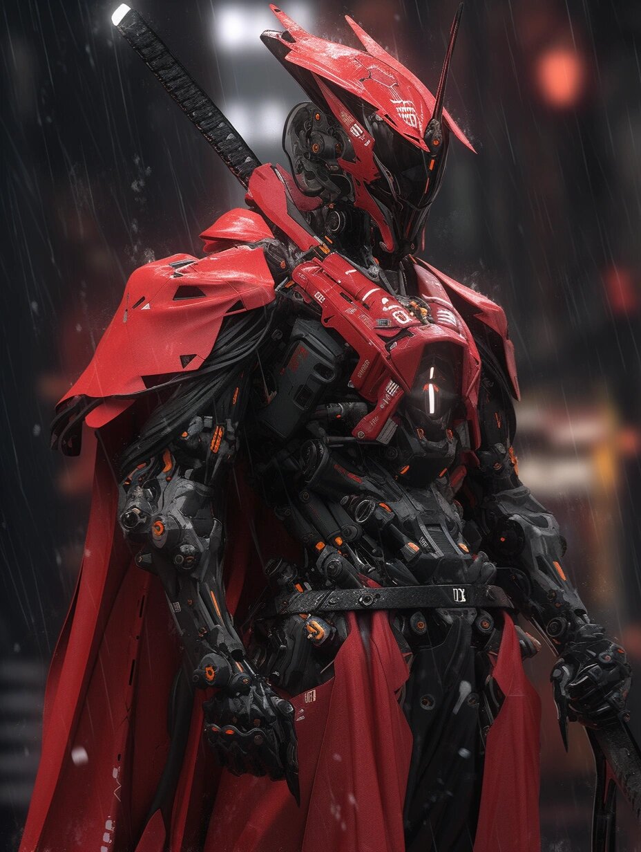 ai绘画丨赛博机甲(附关键词) 核心关键词:穿着机械盔甲的机器人挥舞着