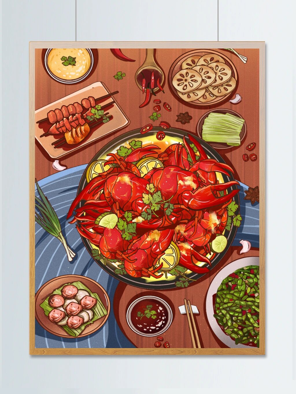 深夜放毒丨麻辣小龙虾插画设计 无辣不欢,啤酒90配小龙虾, 美食可爱