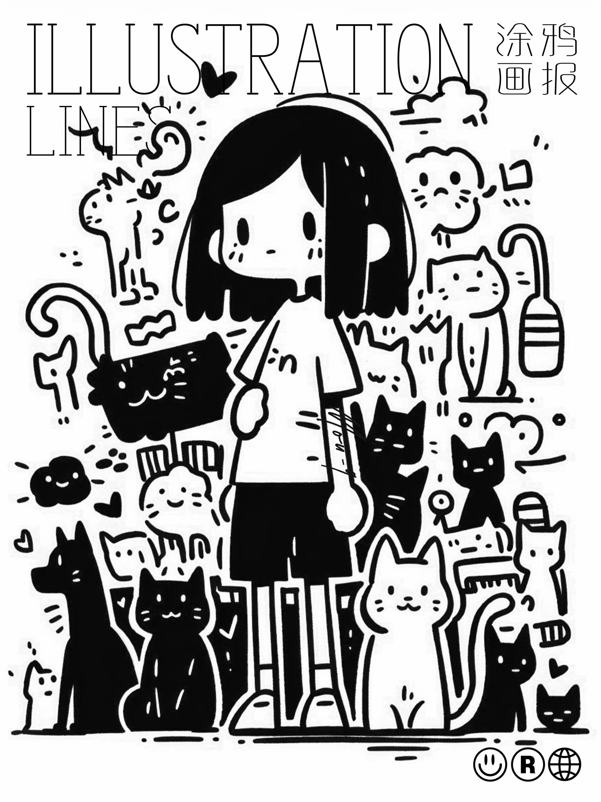 黑白涂鸦74绘画|探寻小女孩与猫的故事94