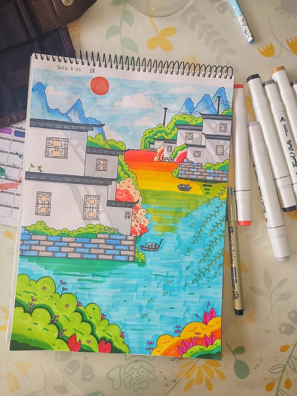 马克笔风景画《江南》 一起把春天留住吧～ 勾线笔没水了,马克笔颜色