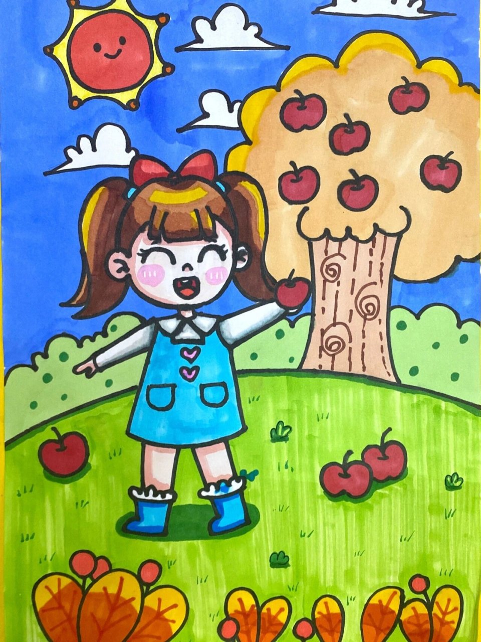 儿童画《吃苹果的小女孩》