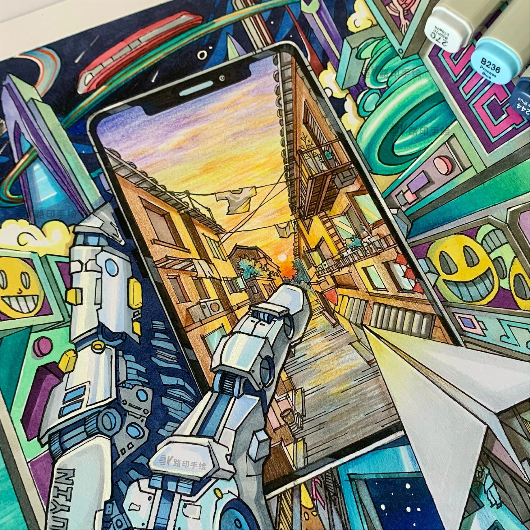 新图视传考研手绘|未来城市 5g时代科技题材 科技题材装饰画《回不去