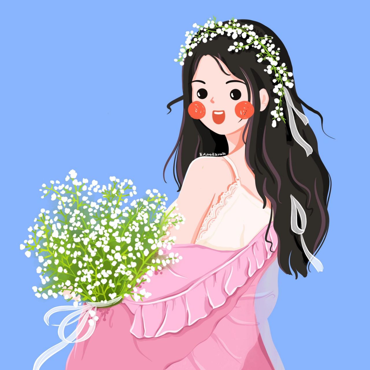 插画头像 | 捧花花的可爱女生头像91566九宫格 花与少女 一些花花