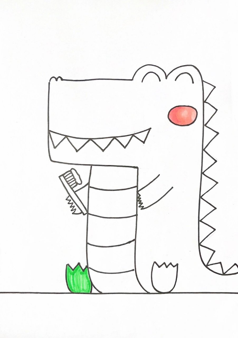 小鳄鱼儿童画/简笔画/创意美术 刷牙的鳄鱼儿童创意画 难度:适中 适合