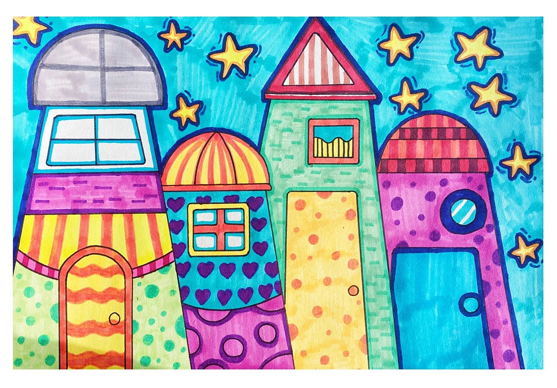 马克笔儿童画—理想家园91 理想中的家园是五彩缤纷的,绚烂多彩的