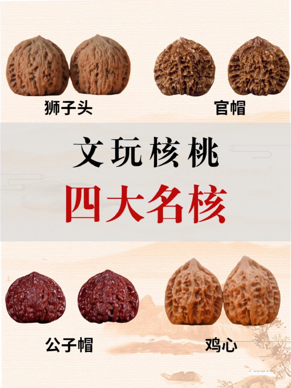 文玩核桃四大名核有哪些949494 四大名核是:狮子头帽,官帽核桃