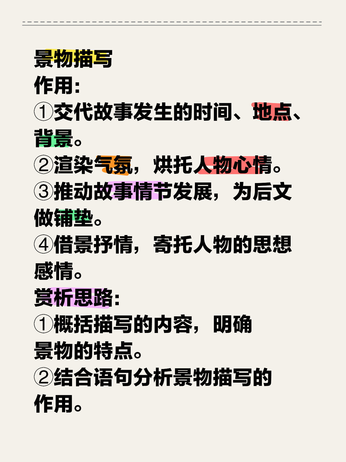 ③推动故事情节发展,为后文做铺垫④借景抒情,寄托人物的思想感情.