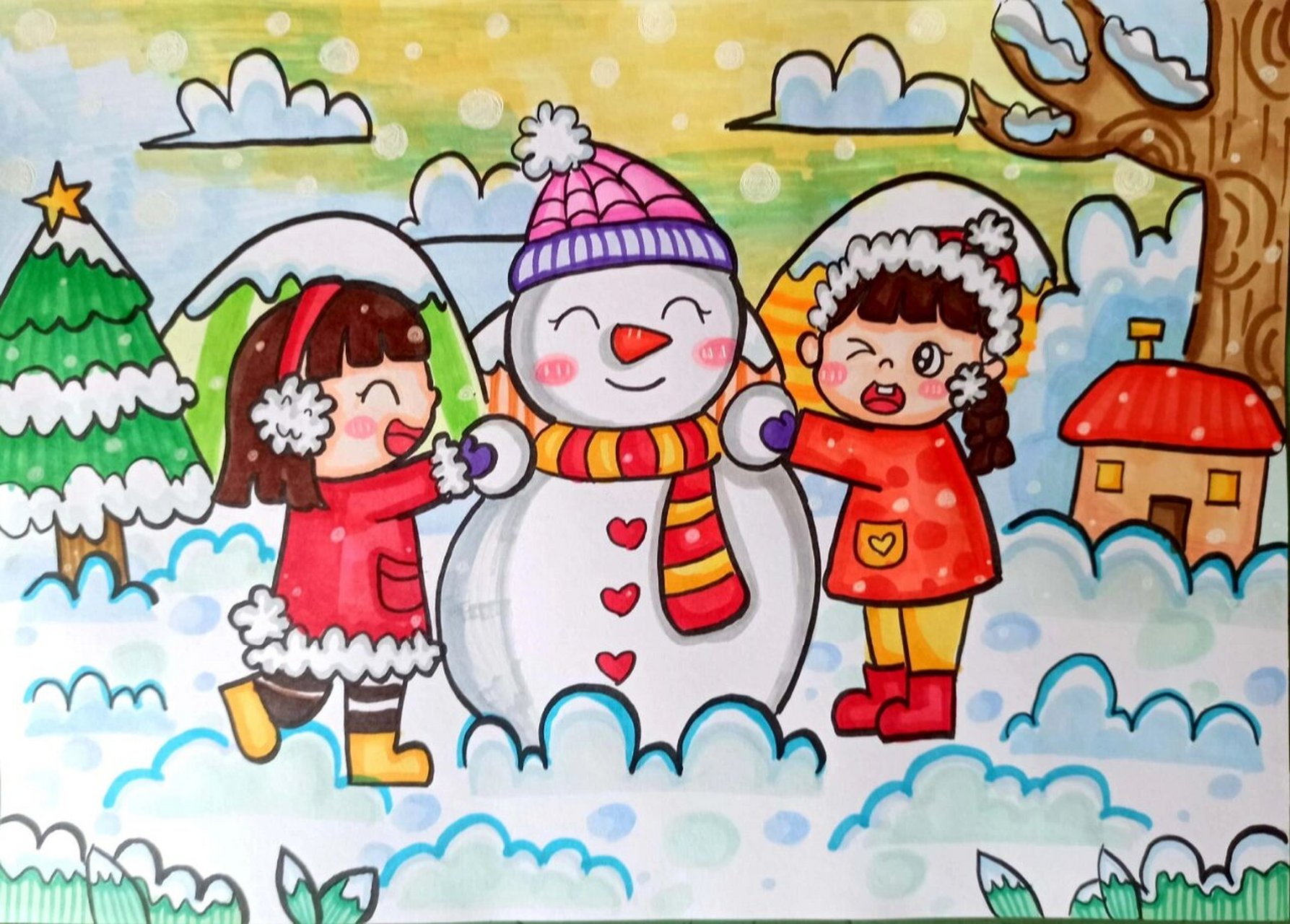 马克笔主题儿童画(冬天下雪天主题)