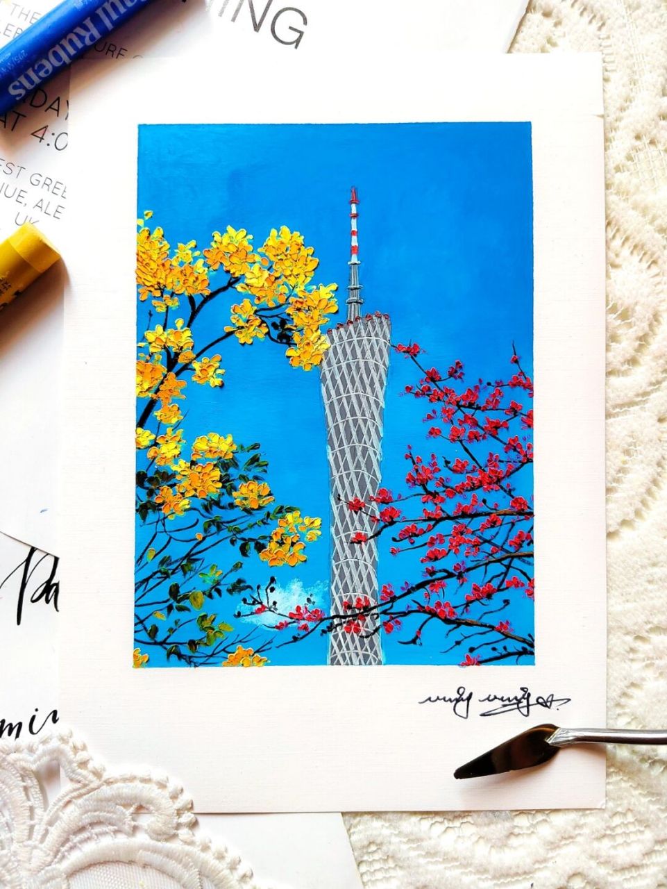 油画棒|春日广州塔(附教程) hello,欢迎观看宁宁的油画棒教程!