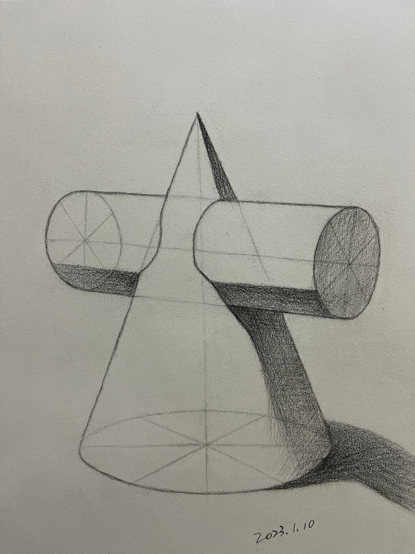 自学素描～圆锥圆柱相贯体结构素描