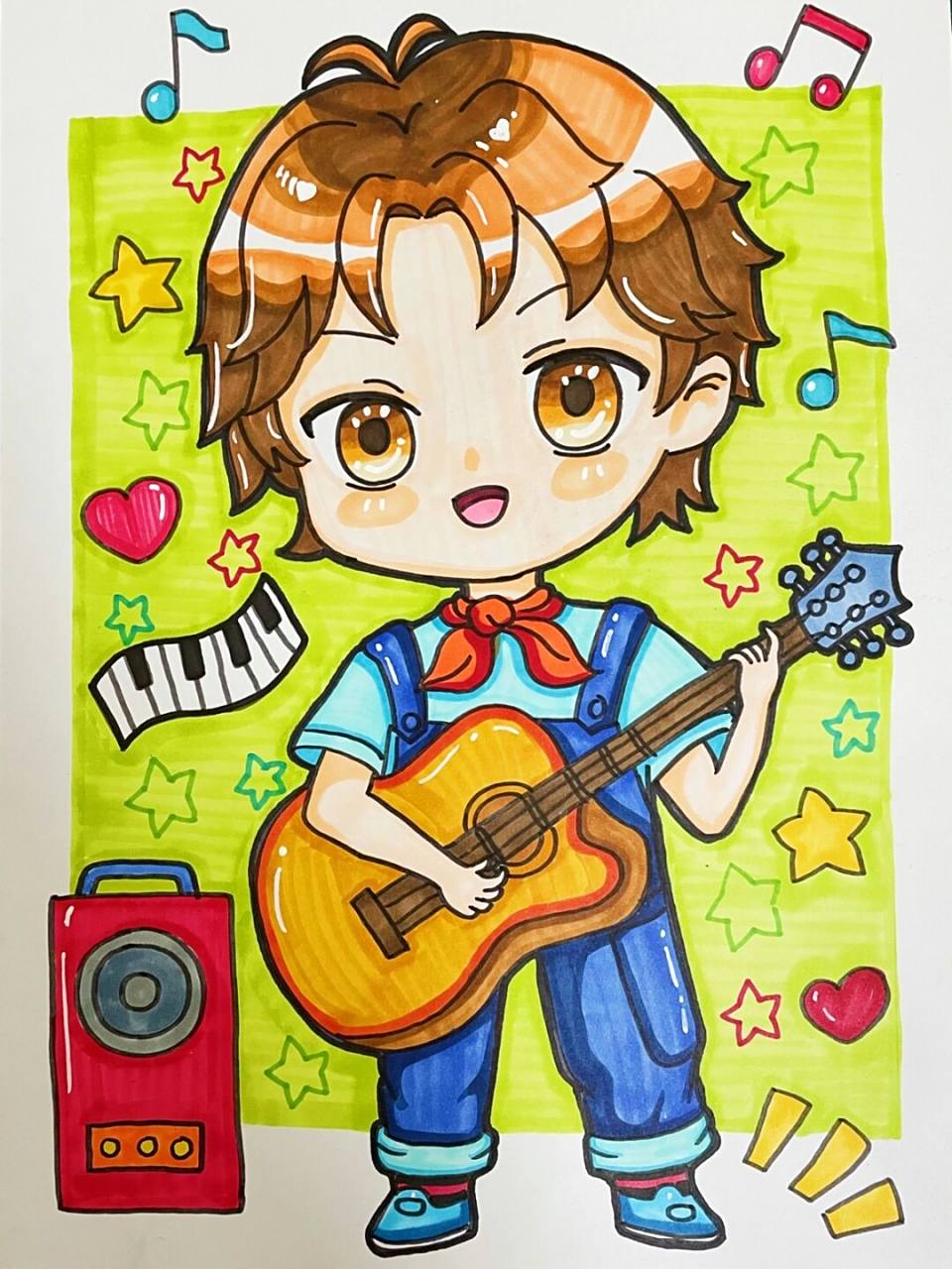 弹吉他的小男孩 马克笔手绘 动漫男孩 弹吉他的的小男孩,唱歌的的小