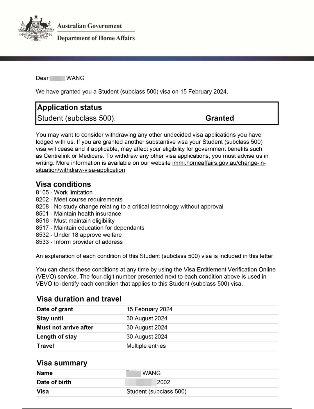 西澳大学商科留学签证一日速批,500签证顺利到手 王同学因原代理中介