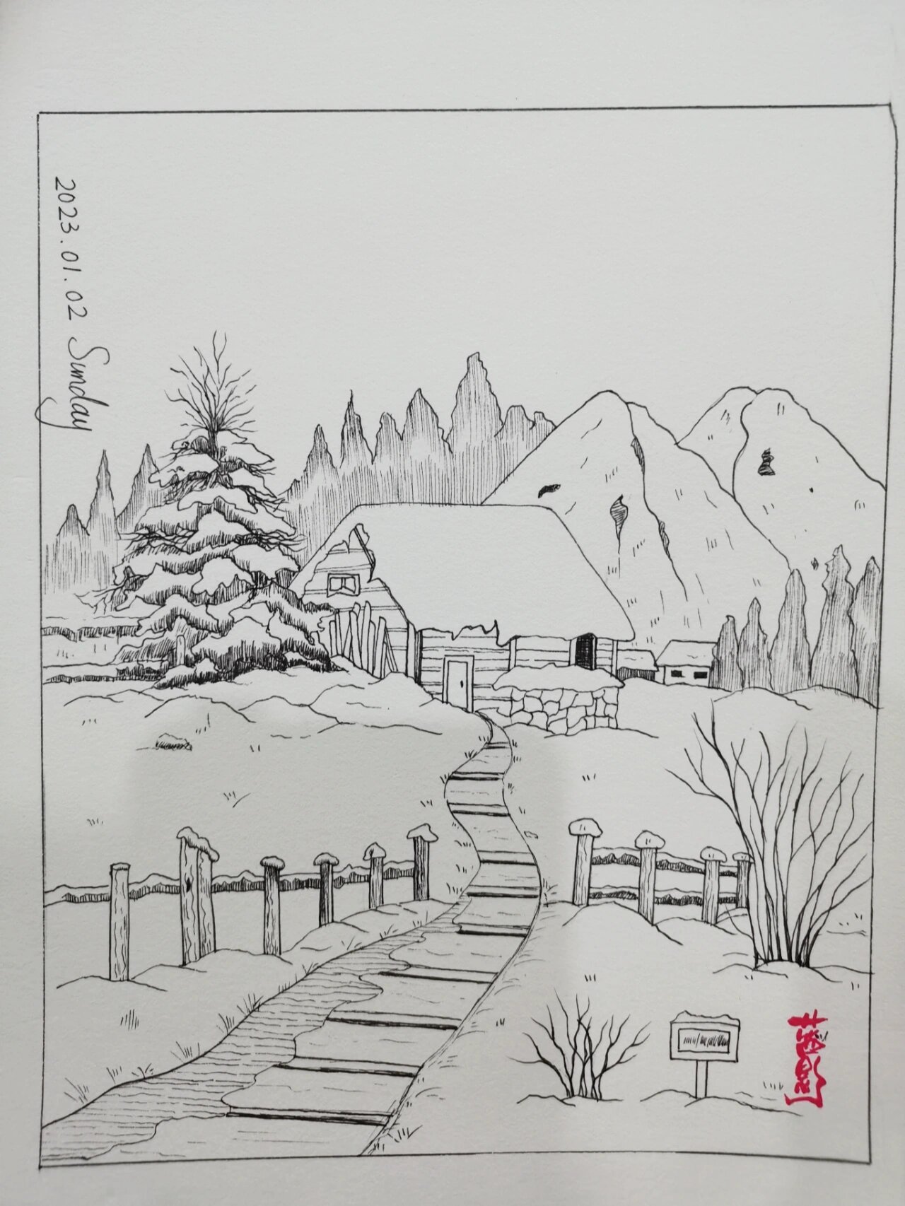 山上的雪景简笔画图片