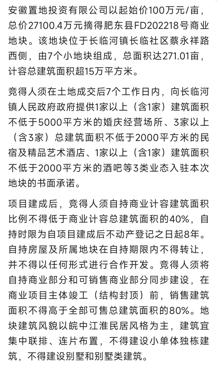 安徽置地以單價100萬/畝競得安徽省合肥市肥東縣fd202218號地塊(商業)