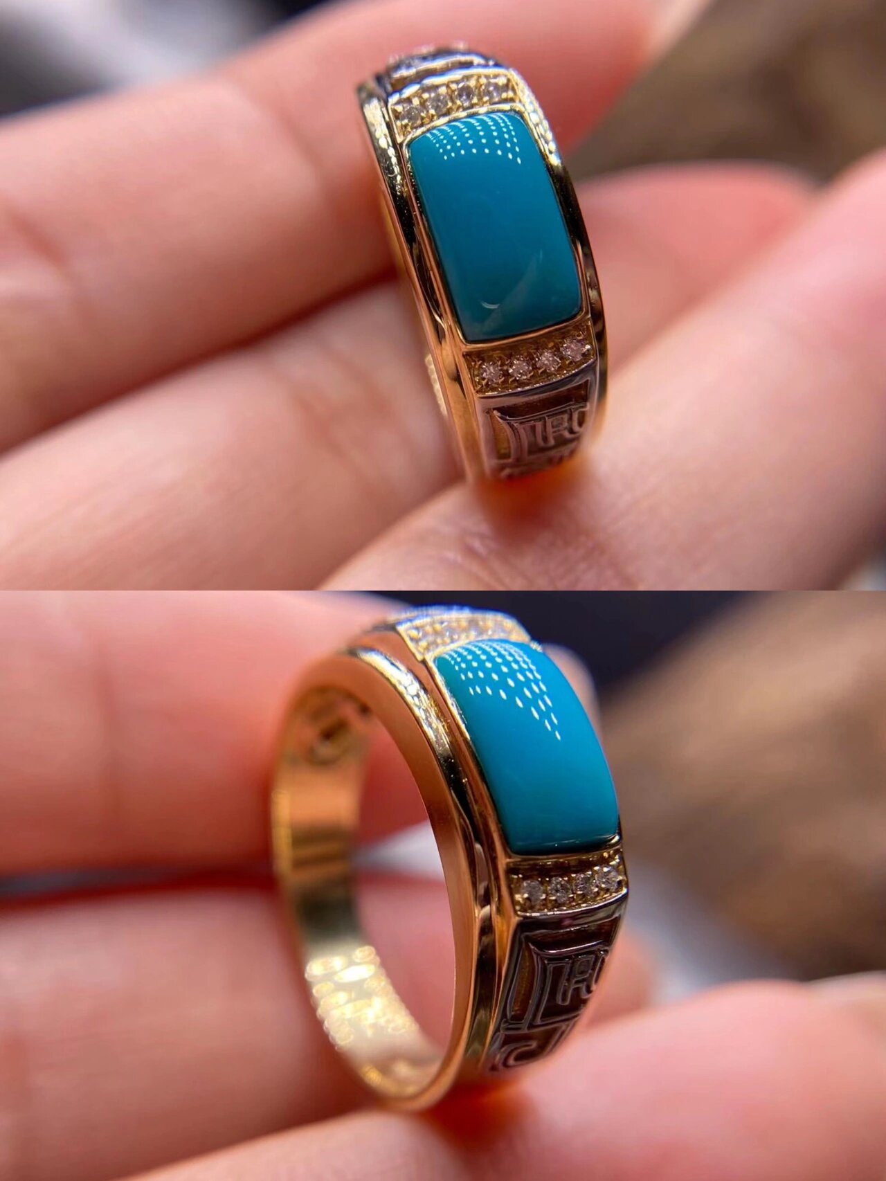 金龙山玉化果冻料绿松石马鞍戒面 料质,色度,瓷度俱佳 大师设计戒托