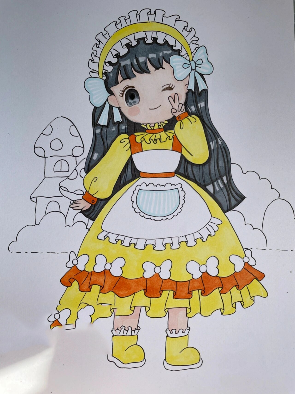 马克笔绘画-黄裙子小女孩(附过程图) 临摹自师傅 开学后画的第一幅画