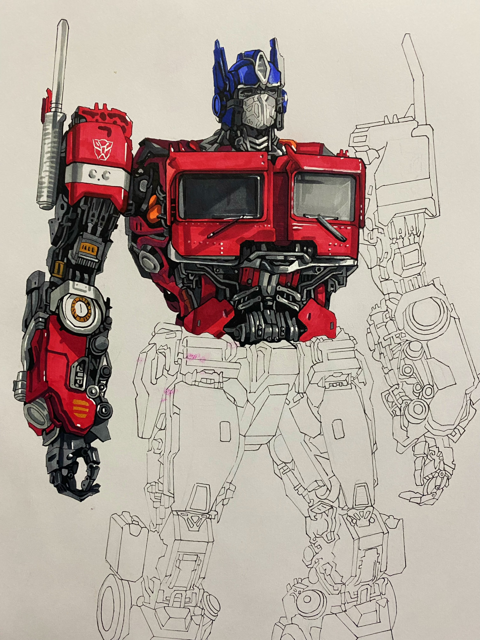 手绘变形金刚 马克笔擎天柱 新作开更 好像比高达难画 今晚直播继续