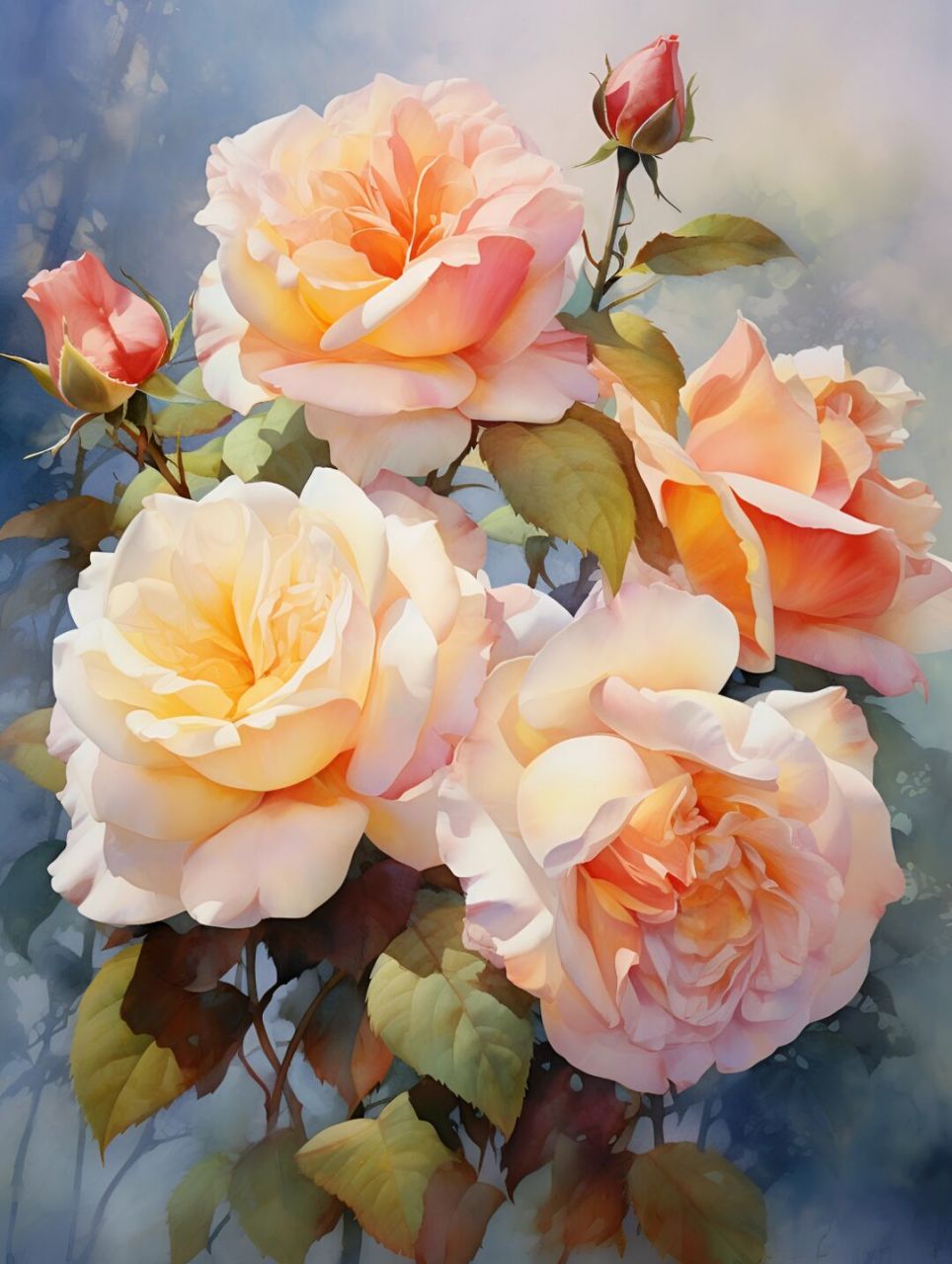 prompt:a painting of white, pink, and yellow roses, in the style