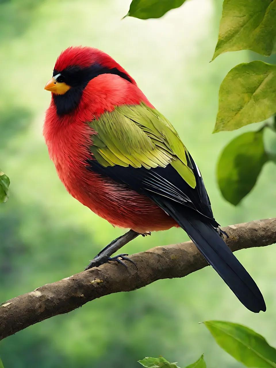 红鸟,绿枝,青翠欲滴