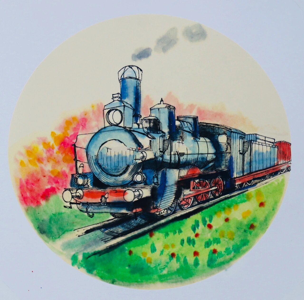 线描水彩《火车头》 线描77水彩 课程:适?