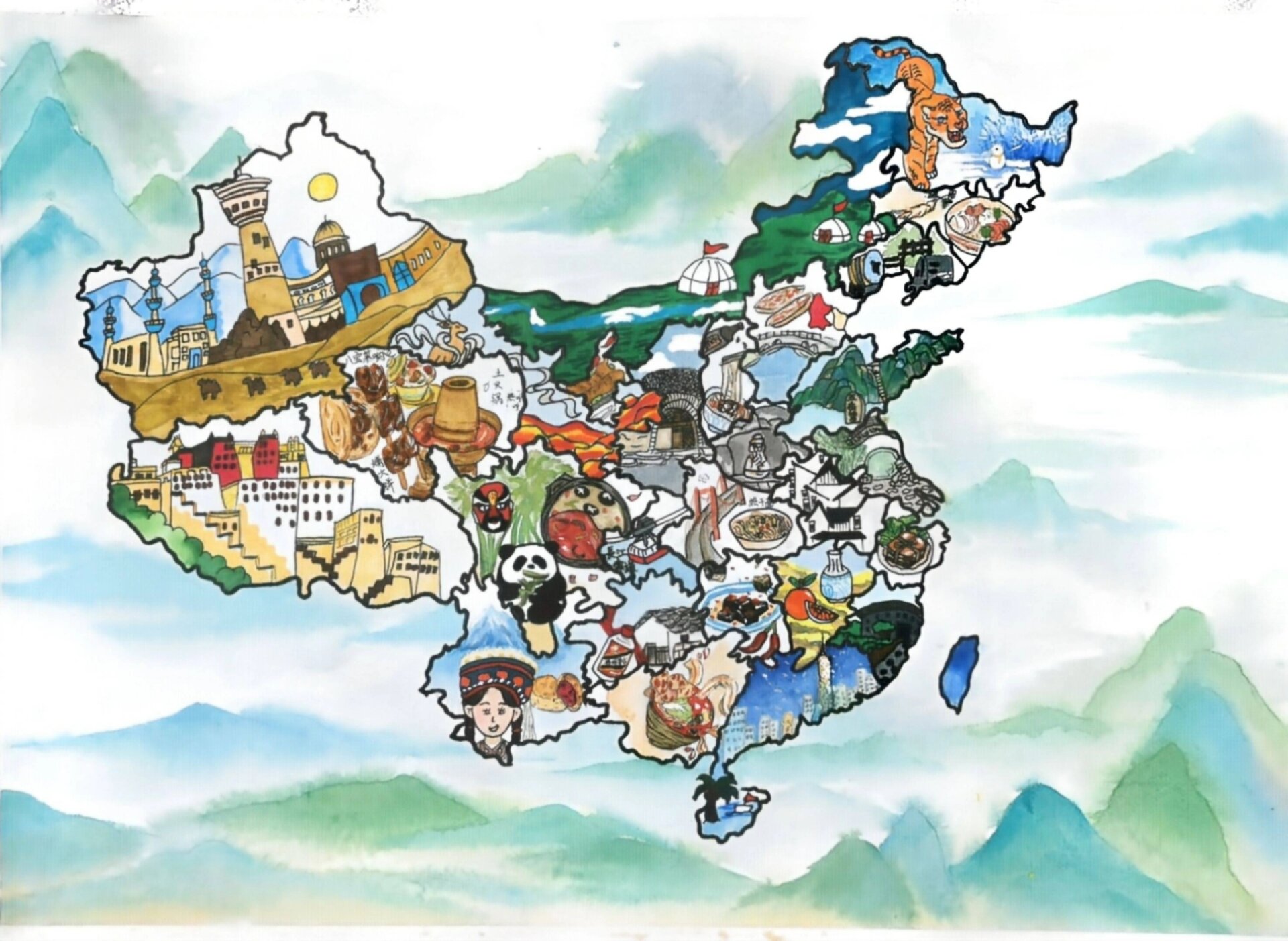 最美中国地图手绘学生参赛作品