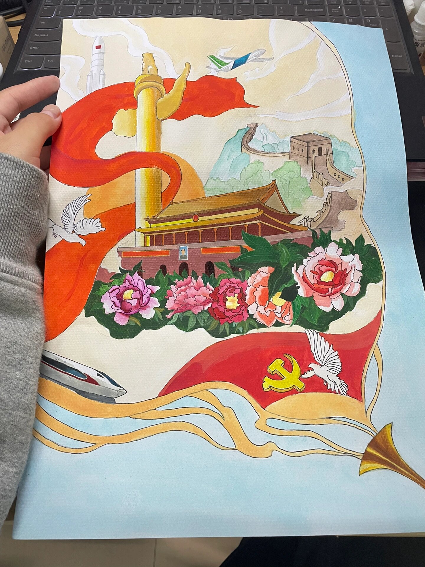 伟大建党精神主题水粉画