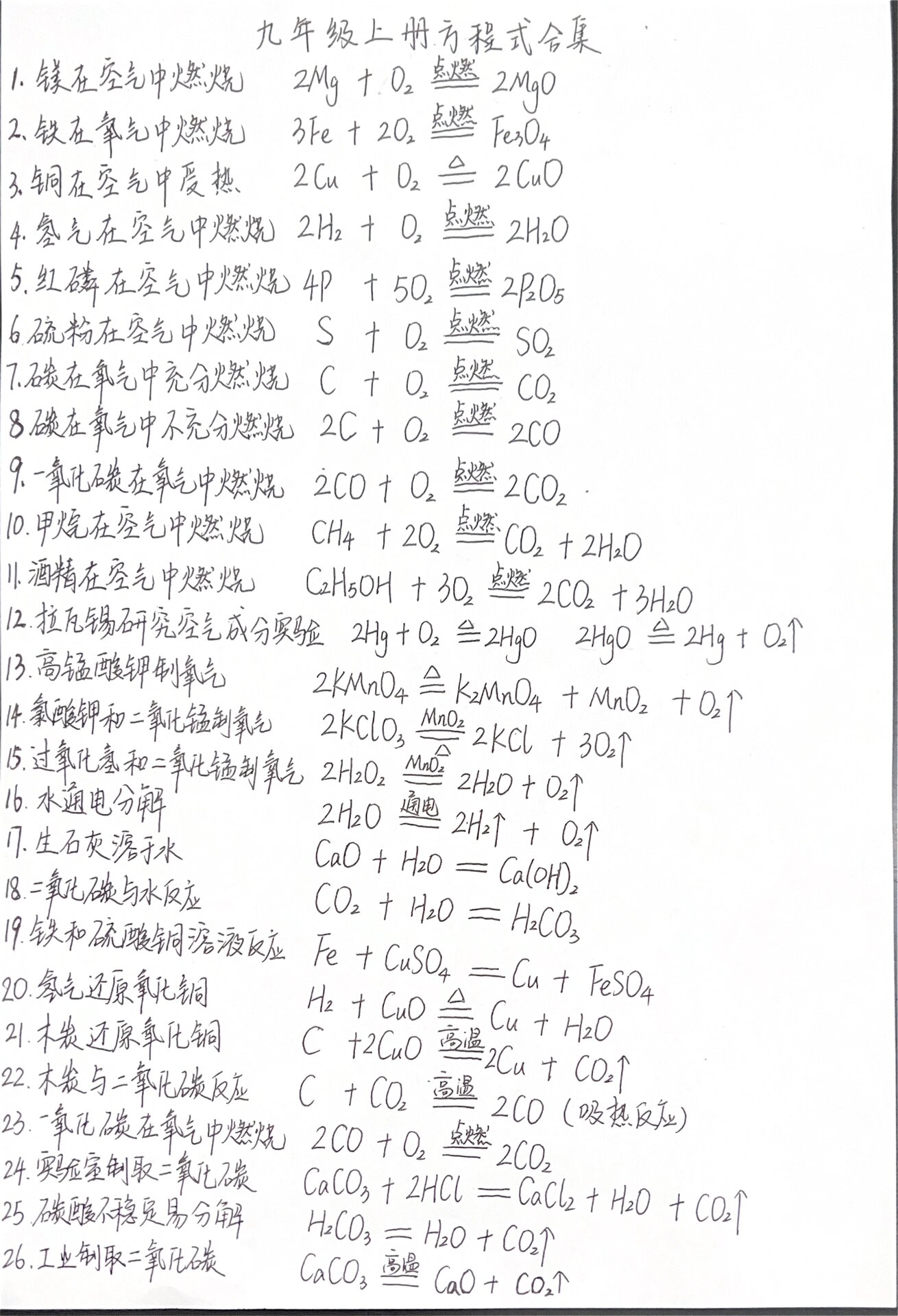 九年级上册化学方程式合集