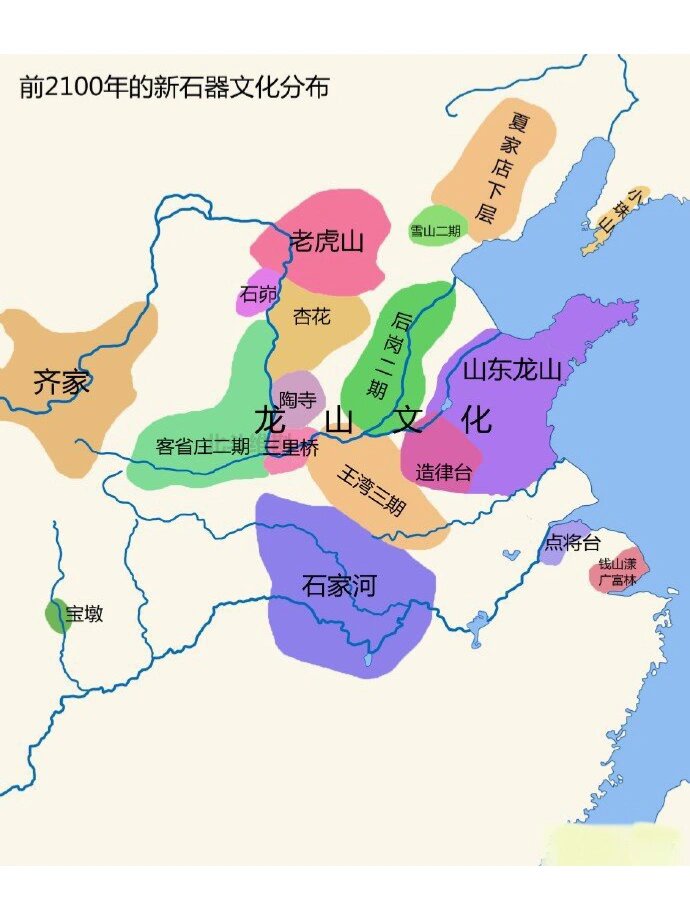 中国史前文明分布地图(下) 在前2500年至前1750年的时期,中国考古文明