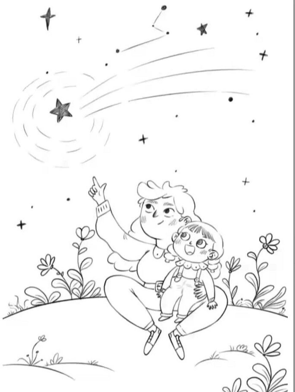 看图写话 遥望星空 在一个宁静的夜晚,花儿散发着阵阵清香,妈妈抱着
