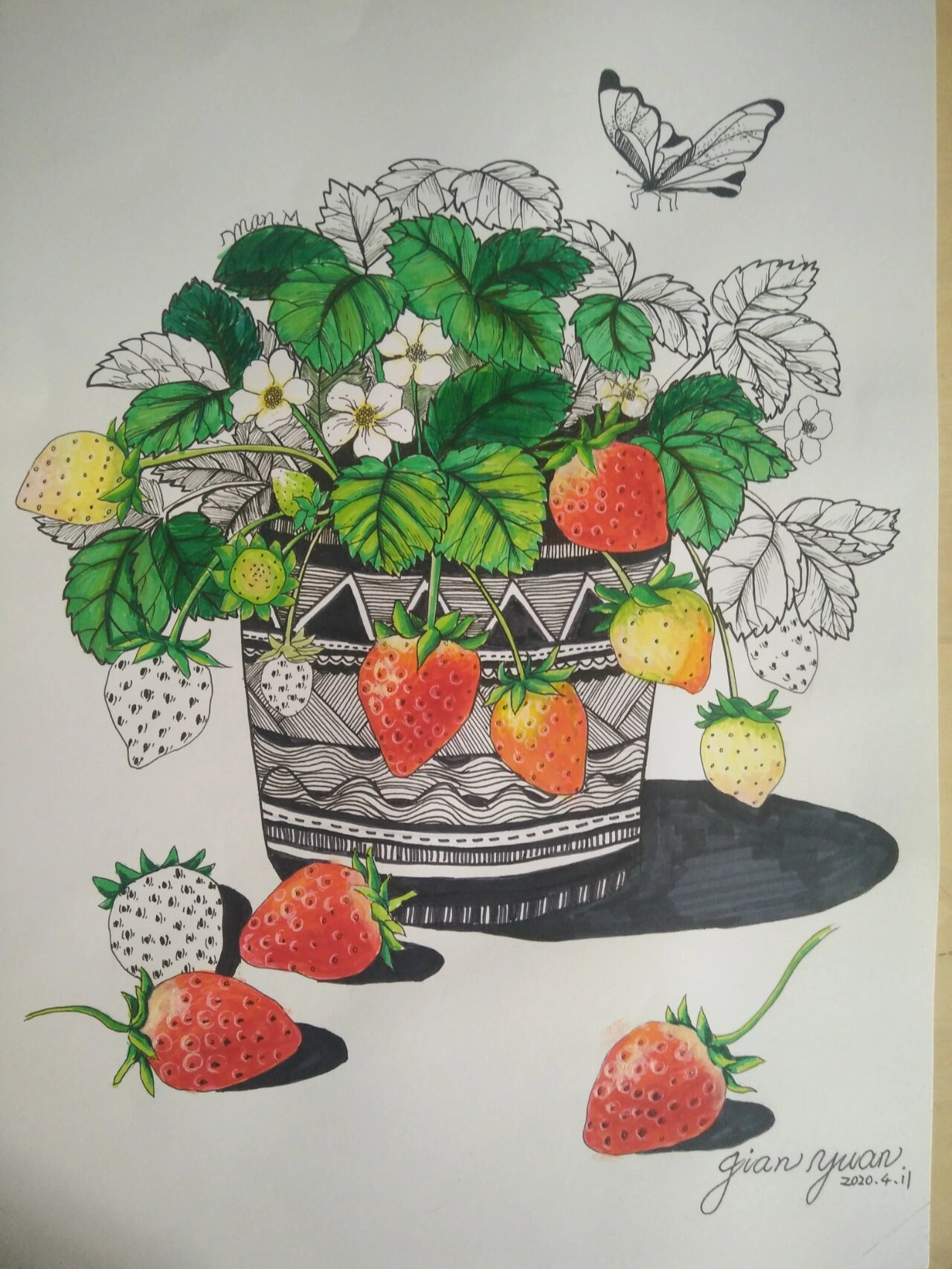 草莓绘画线描马克笔儿童画装饰画原创