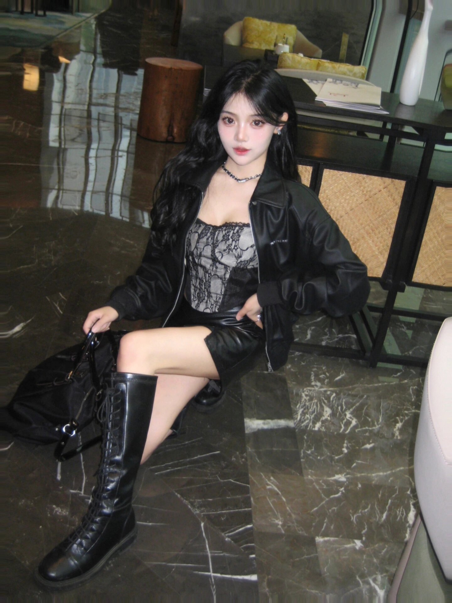 辣妹御姐穿搭08黑色皮衣77包臀裙