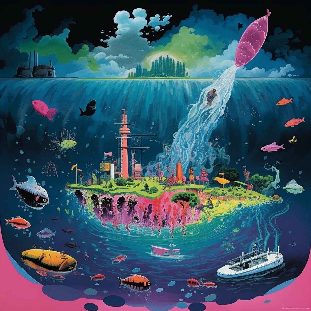 midjourney咒语分享/核废水排放创意插图 《被卷入漩涡的海洋》 欢迎
