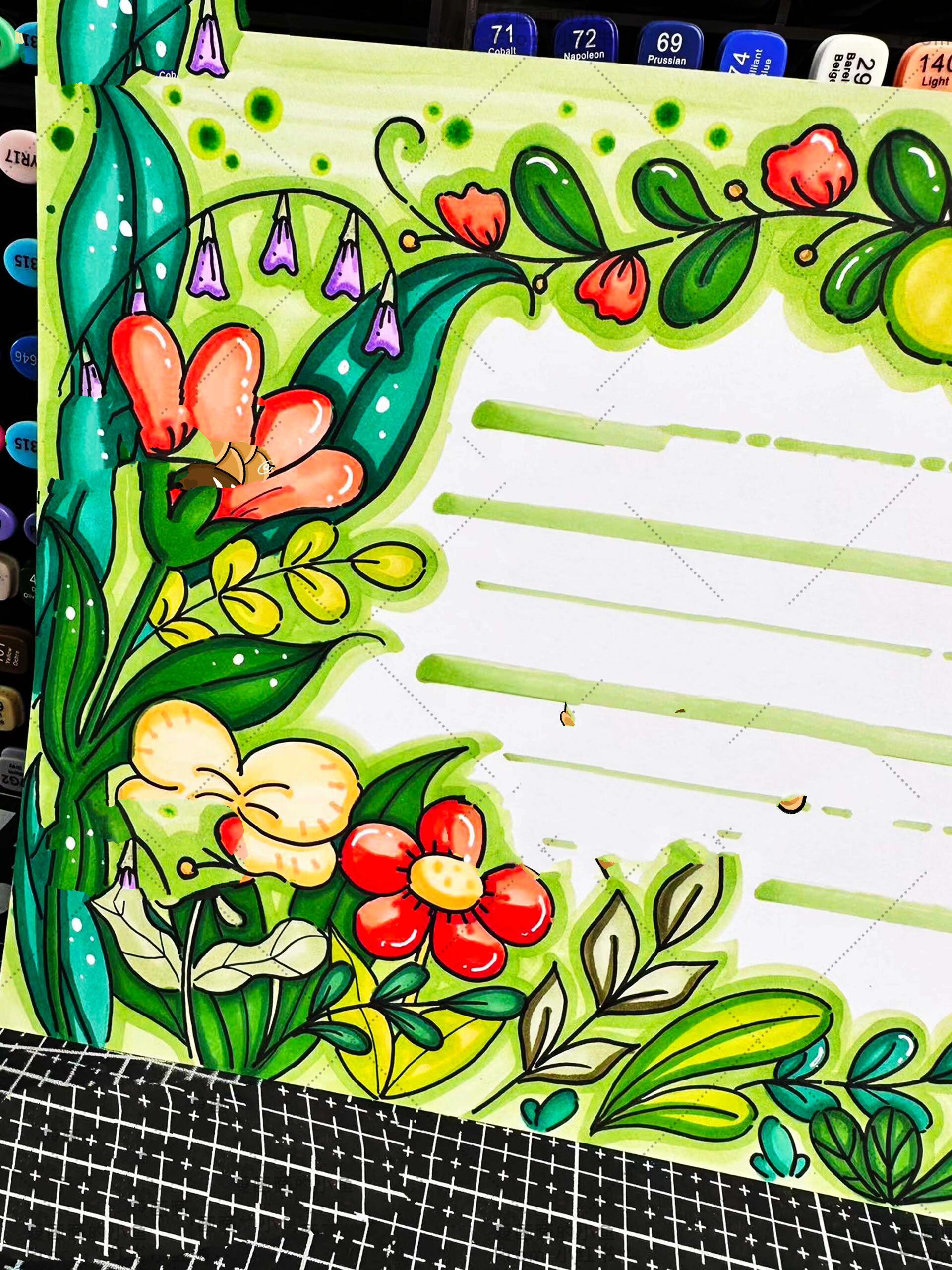 春天英文手抄报 马克笔手绘 96线稿