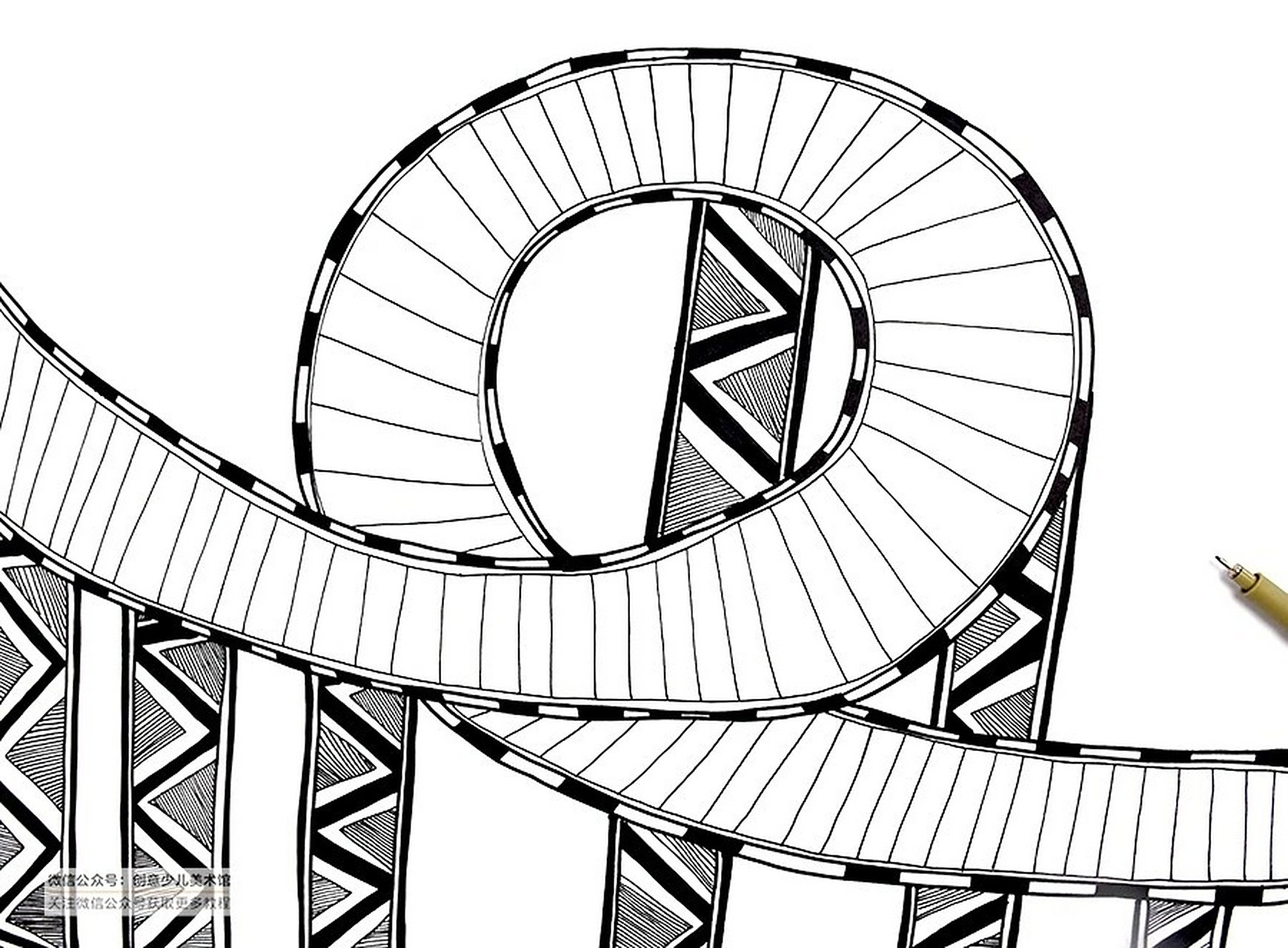 儿童画教程|欢乐过山车 课程重难点 1,指导学生抓住过山车结构的外形