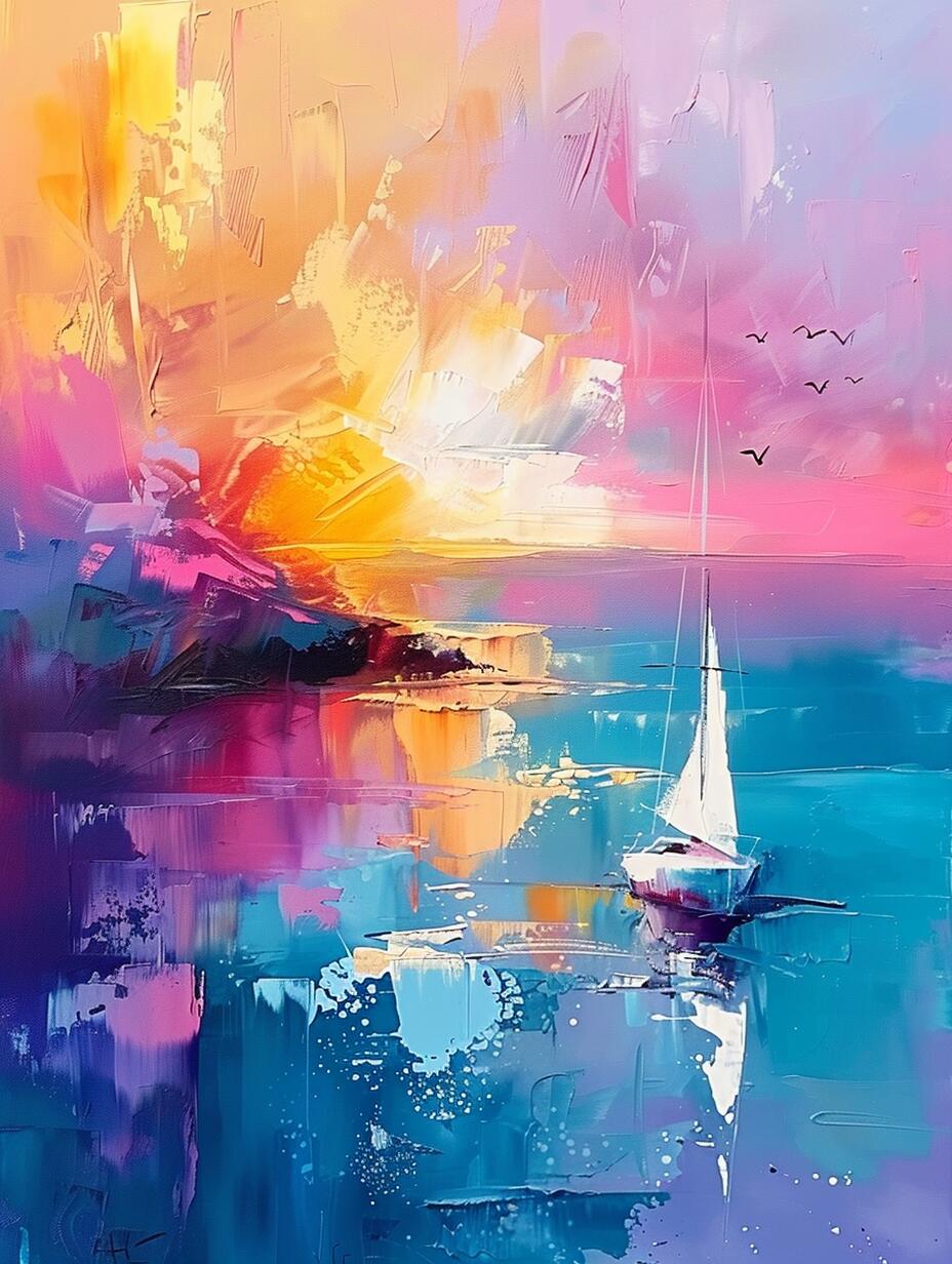 ai油画|夕阳下的帆船,梦幻海景