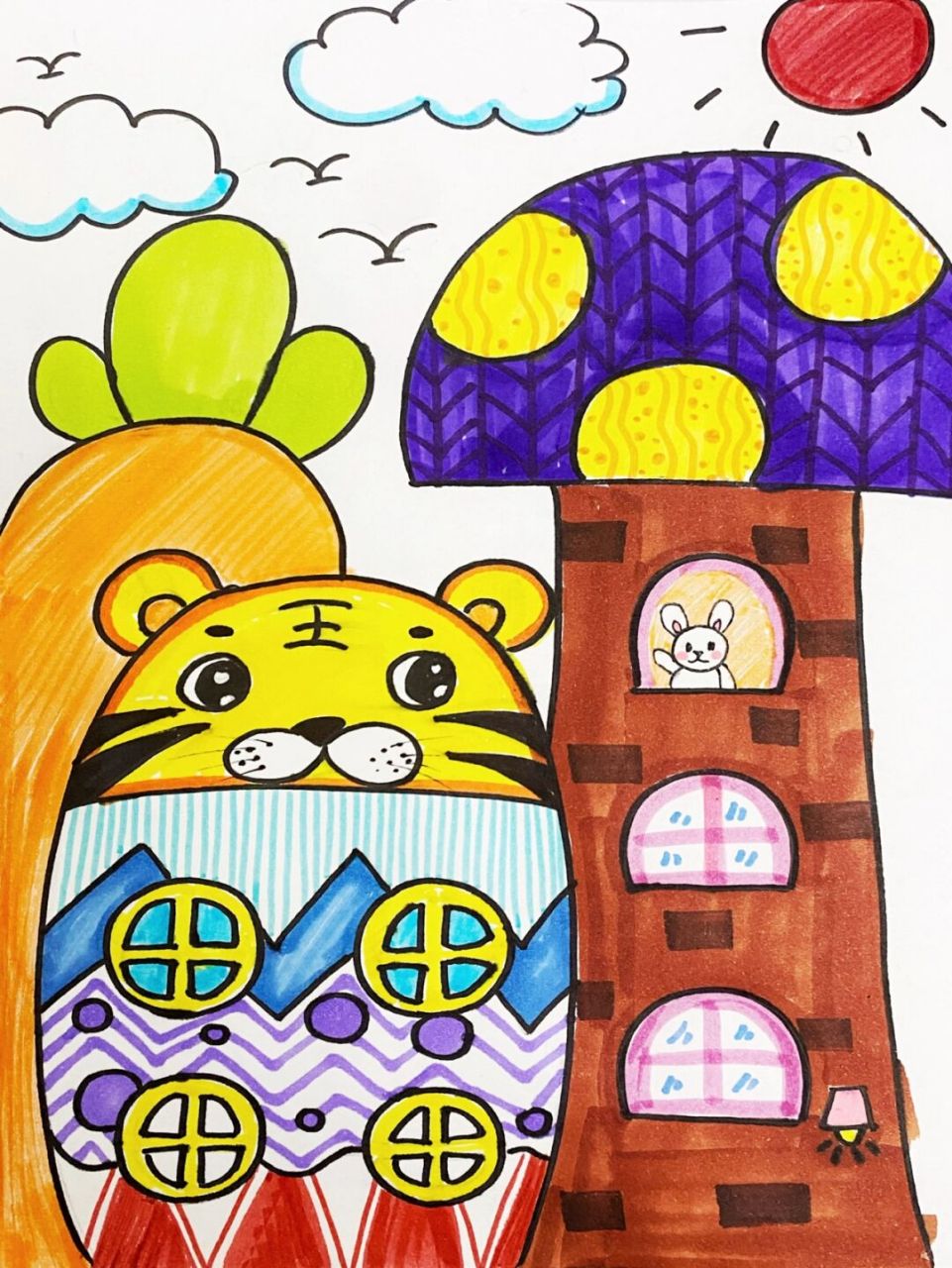 马克笔# #卡通画# #儿童画# #创意儿童画# #动物房子##房子创意画