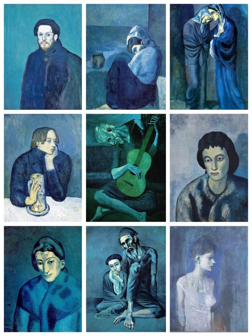 【蓝色时期】 毕加索在这个时期作品,背景蓝,人物蓝.
