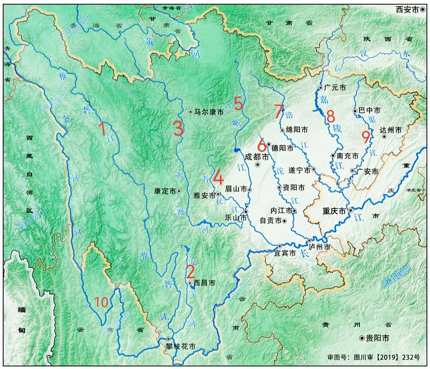 四川,其实是"十川" 四川十条大河地图:1,雅砻江2,安宁河3,大渡河4
