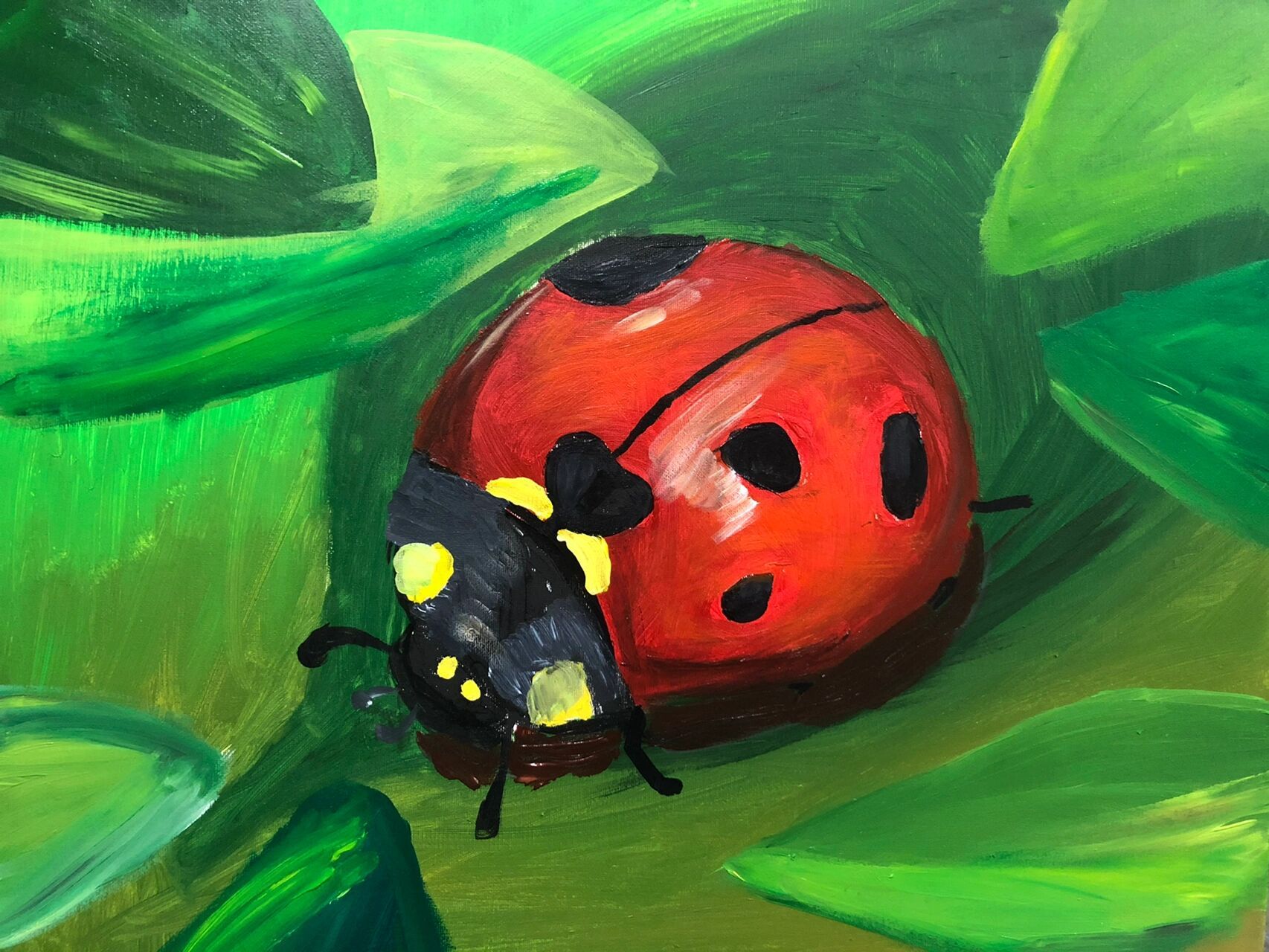 少儿原创油画—七星瓢虫94 用照片写生的方式去完成上作品,用了大量