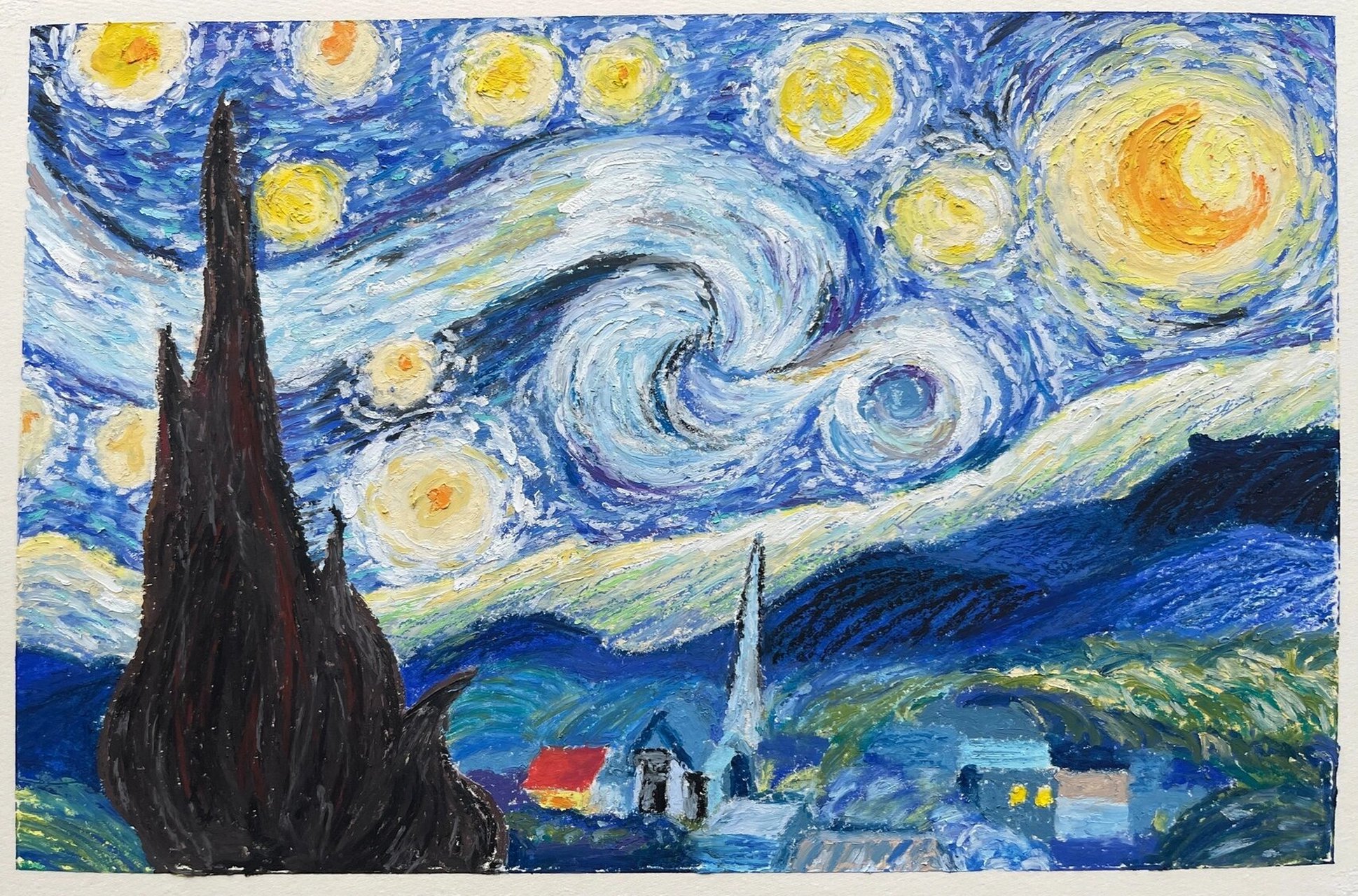 油画棒·梵高星空starry night附过程 临摹来自梵高 	 过程拍了3张图