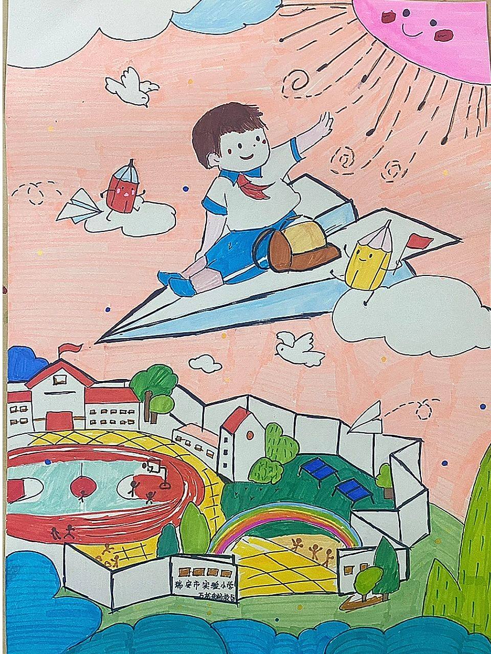 校园主题画,阳光下的校园马克笔绘画  阳光下的校园,每学期都要画校园