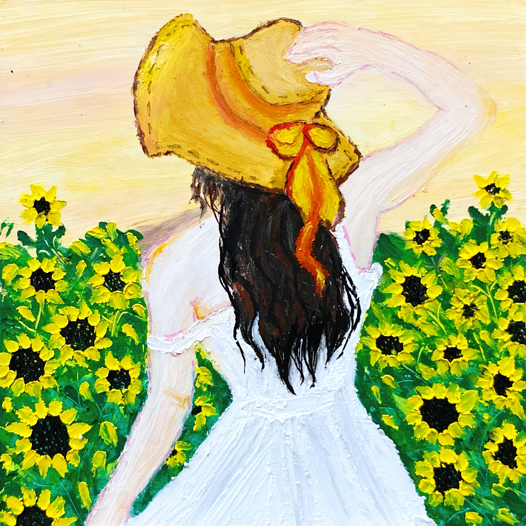 油画棒丨向日葵花海丨少女背影系列丨附线稿 一袭白裙,站在花海中