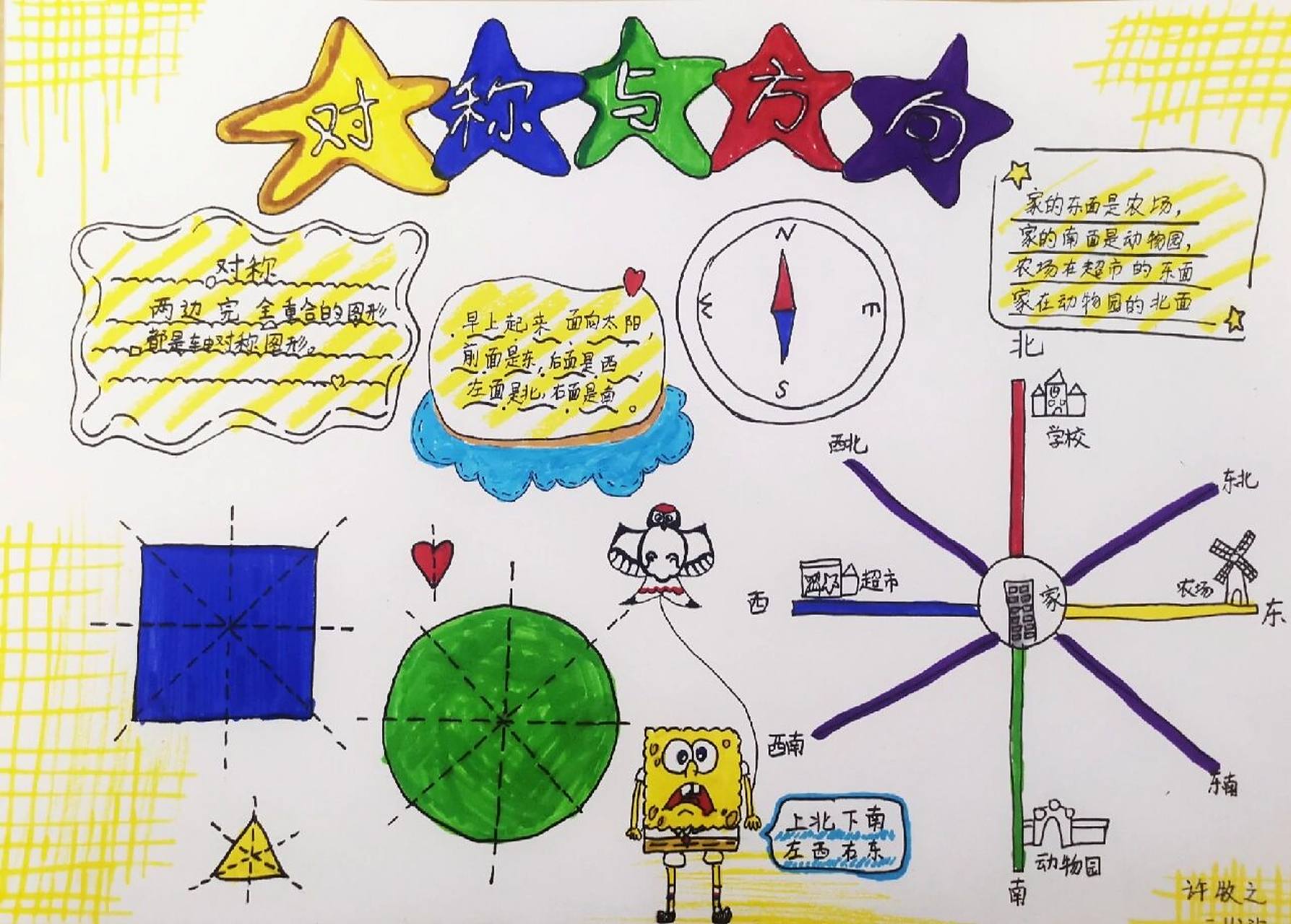 对称与方向手抄报 二年级下数学手抄报 小朋友自己画的