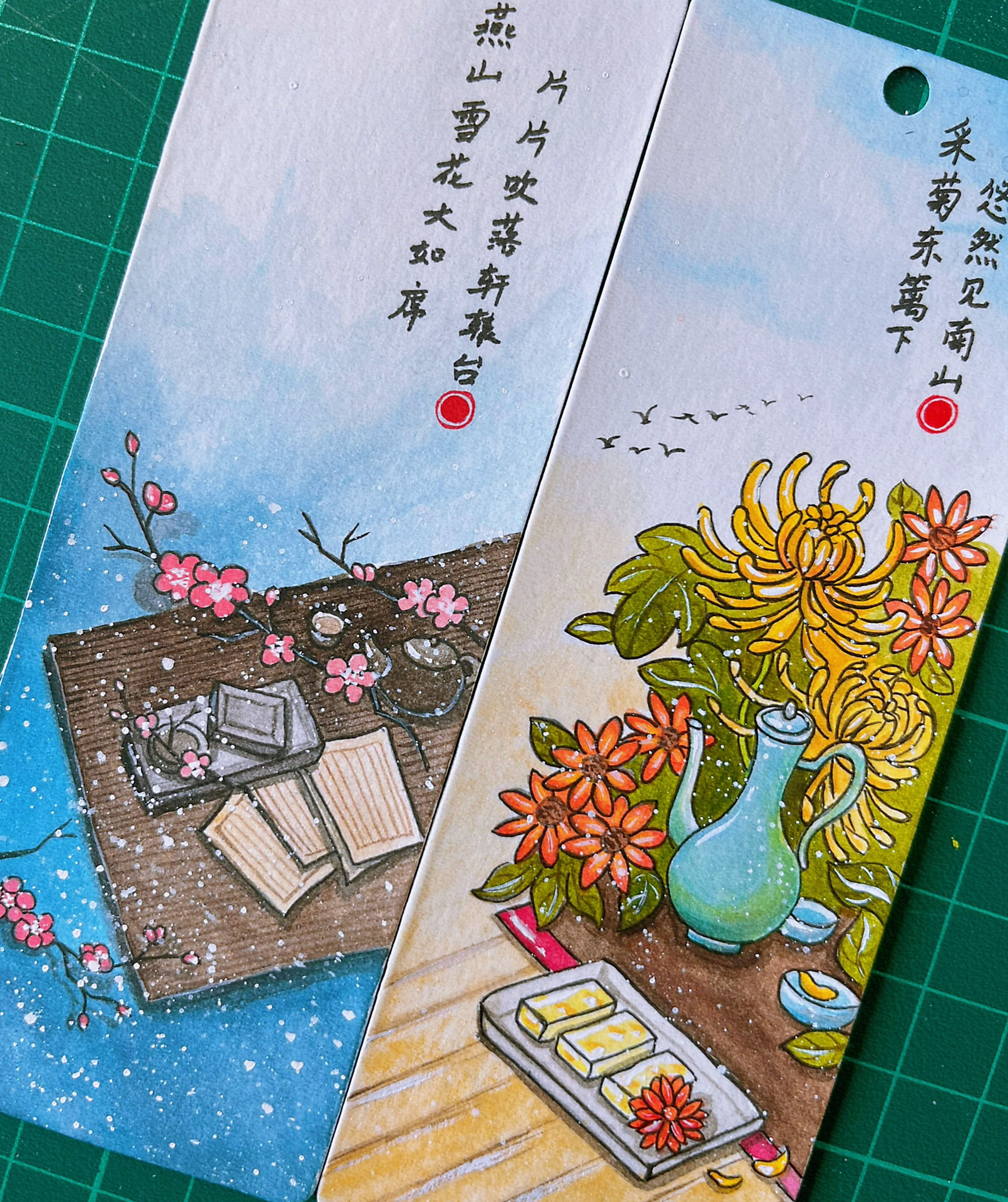 水彩小书签|唯美意境古风四季～1套4张附过程